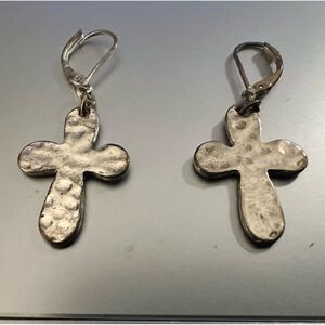 Silver Hammered Cross Earrings Dangle Handmade